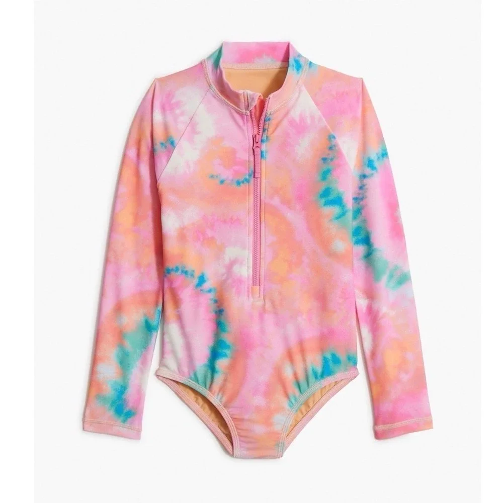Crewcuts Girls Pink Tie Dye Long Sleeve Rash Guard Swimsuit UPF 50+ Size 14